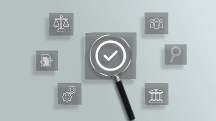 Wall Mural - Magnifying glass focuses on Standard quality control certification assurance concept, checkbox icon of guarantee