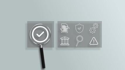 Wall Mural - Magnifying glass focuses on Standard quality control certification assurance concept, checkbox icon of guarantee