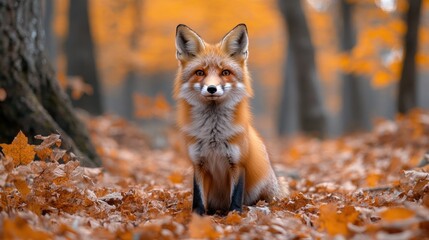 Wall Mural - Red Fox in Autumn Forest