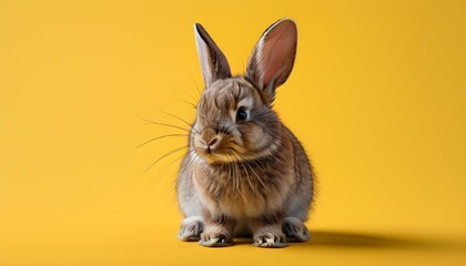 Wall Mural - Charming Brown Bunny on Bright Yellow Canvas, Embodying Easter Joy, Spring Innocence, and Delightful New Beginnings