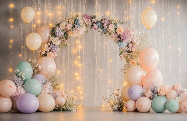 Wall Mural - A whimsical birthday setup with a floral arch, pastel-colored balloons, and fairy lights hanging in the background, perfect for a dreamy celebration