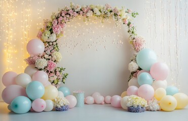 Wall Mural - A whimsical birthday setup with a floral arch, pastel-colored balloons, and fairy lights hanging in the background, perfect for a dreamy celebration