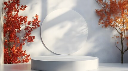 Poster - White Product Display Podium with Autumn Leaves and Light Shadows