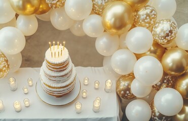 Wall Mural - An elegant birthday party background featuring gold and white balloons, a table with a tiered cake, and candles adding a soft glow