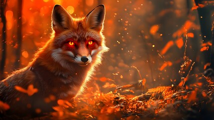 Wall Mural - Red Fox with Glowing Eyes in Autumn Forest