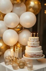 Wall Mural - An elegant birthday party background featuring gold and white balloons, a table with a tiered cake, and candles adding a soft glow