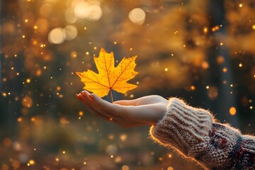 Wall Mural - Autumn Leaf in Hand with Golden Bokeh Background