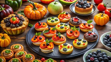 Vibrant and eerie snacking options await, with brightly colored fruit platters, mini pizzas, and cupcake decorations