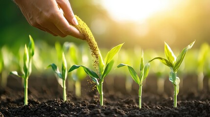 Wall Mural - Hand Sowing Seeds in Soil with Young Green Plants Growing