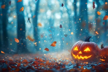 Poster - Jack O Lantern in Autumn Forest with Falling Leaves