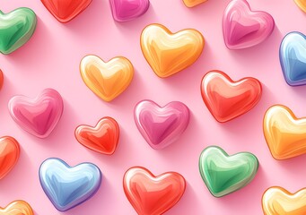 Sticker - Colorful Glass Hearts on Pink Background