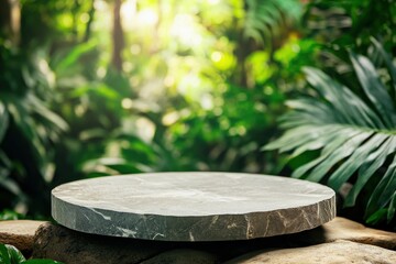 Wall Mural - Stone tabletop podium floor in outdoors tropical garden forest blurred green leaf plant nature background.Natural product placement pedestal stand display,jungle paradise concept, ai