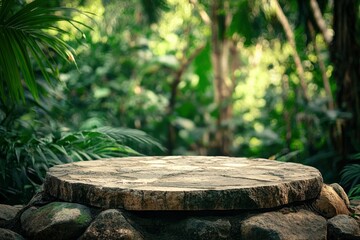 Wall Mural - Stone tabletop podium floor in outdoors tropical garden forest blurred green leaf plant nature background.Natural product placement pedestal stand display,jungle paradise concept, ai