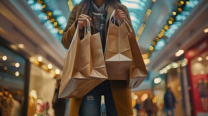 Close-up view of unrecognizable woman in casual attire standing in spacious shopping mall filled with bright lights, holding multiple colorful paper shopping bags, perfect for retail marketing, e-comm