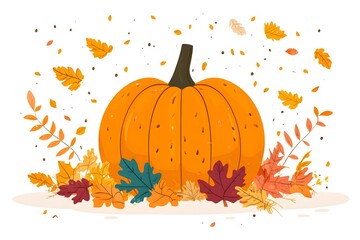 Sticker - Autumn Pumpkin with Falling Leaves Illustration