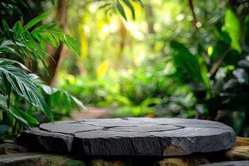 Wall Mural - Stone tabletop podium floor in outdoors tropical garden forest blurred green leaf plant nature background.Natural product placement pedestal stand display,jungle paradise concept, ai