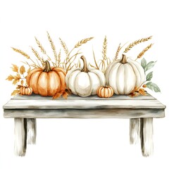 Canvas Print - Autumn Pumpkins on Wooden Table with Wheat and Leaves Watercolor Illustration