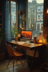 Poster - A computer desk with a laptop and a chair. The laptop is displaying a mountain scene. The room is decorated with pictures and plants