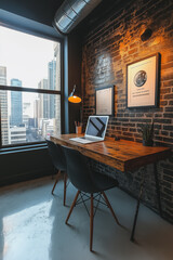 Poster - A small office with a brick wall and a window. A laptop is on the desk. There are two chairs, one on the left and one on the right