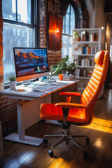 Poster - A computer desk with a large orange chair and a computer monitor. The chair is positioned in front of a window, and there are several books on a shelf nearby. The room has a cozy