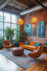 Wall Mural - A living room with a couch, two chairs, and a potted plant. The room has a warm and inviting atmosphere, with the brown furniture and the potted plant adding a touch of nature