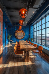 Wall Mural - A large room with a blue wall and a large wooden table with many chairs around it. The room is well lit and has a warm, inviting atmosphere