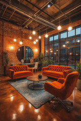 Poster - A living room with a red couch, two chairs, and a coffee table. The room has a warm and inviting atmosphere