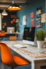 Poster - A computer desk with a white computer monitor and keyboard. A potted plant sits on the desk. The desk is surrounded by a blue wall