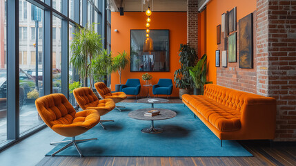 Wall Mural - A living room with orange furniture and a blue rug. The room has a modern and inviting feel