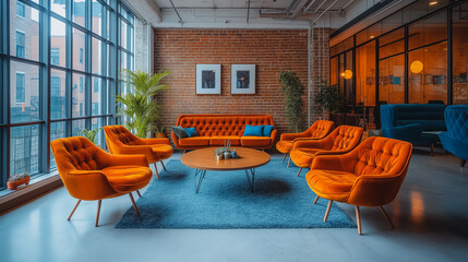 Poster - A room with orange chairs and a blue rug. The room is bright and inviting. The orange chairs are arranged in a circle around a coffee table. There are several potted plants in the room
