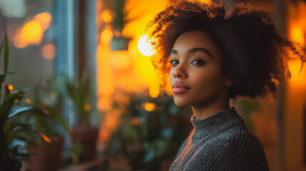 Poster - A woman with curly hair is standing in front of a window with plants. She is wearing a sweater and has a serious expression on her face