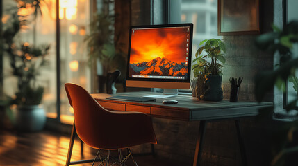 Poster - A computer desk with a chair and a monitor. The monitor has a sunset background. There are potted plants on the desk