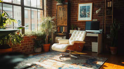 Wall Mural - A white chair is in a room with a brick wall and a window. The chair is in front of a desk with a computer and a keyboard. There are several potted plants in the room