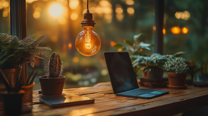 Poster - A desk with a laptop and a light bulb hanging from the ceiling. The desk is surrounded by potted plants, creating a cozy and inviting atmosphere