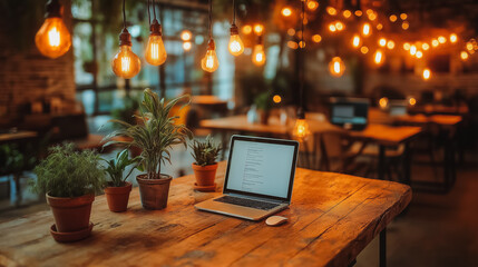 Poster - A laptop is on a wooden table with a potted plant and a mouse. The room is dimly lit, giving it a cozy and intimate atmosphere