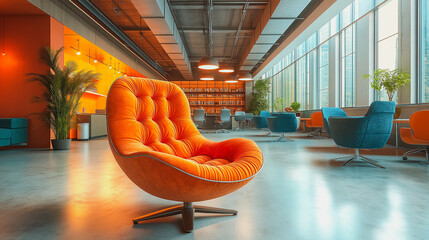 Wall Mural - A bright orange chair sits in a large room with a lot of natural light. The room is filled with various pieces of furniture, including a few chairs and a couch. The atmosphere of the room is warm