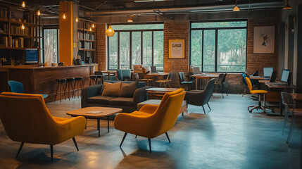 Poster - A bright yellow chair sits in a room with a lot of other chairs and couches. The room is filled with bookshelves and has a lot of natural light coming in from the windows