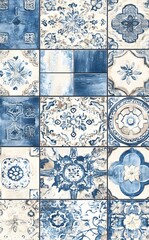 Wall Mural - Blue and White Tile Pattern