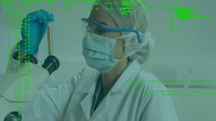 Poster - Animation of data processing over caucasian female scientist taking sample in lab