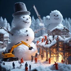 Wall Mural - giant snowman perched atop a towering skyscraper, overlooking a bustling city skyline