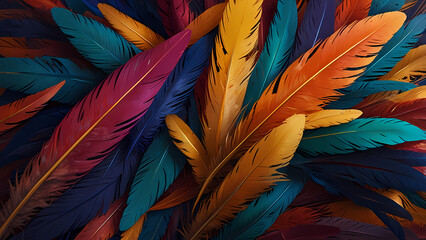 Abstract composition of vibrant, colorful feathers arranged in a circular motion