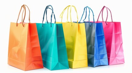 Vibrant collection of colorful shopping bags isolated on white background, perfect for e-commerce advertising, retail marketing campaigns, and online shopping promotions highlighting diverse product s