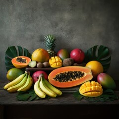 Wall Mural - Tropical fruits, bananas, papaya, mangoes, rustic wooden table, lush green leaves, vibrant colors, atmospheric lighting, textured background, nature, still life photography