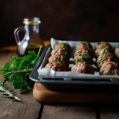 Wall Mural - delicious homemade meatballs, rustic wooden table, fresh herbs, rosemary, parsley, baking tray, food photography, close-up shot, warm colors, appetizing, high quality, culinary presentation, gourmet m