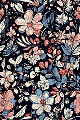 Poster - seamless floral background,Seamless pattern with flowers and leaves,Abstract floral lino cuts of leaves and flowers