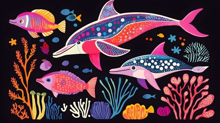 Colorful Dolphins and Fish in Coral Reef