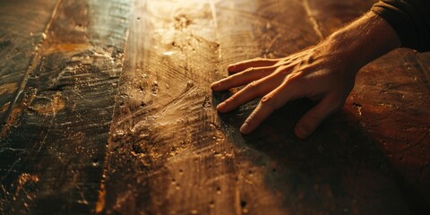 Poster - Close up shot of a man s hand touching an oil finished oak wood surface