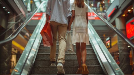 Cropped image of a couple walking down stairs in a modern shopping mall after a successful shopping trip, carrying shopping bags and enjoying a day out together in a stylish retail environment