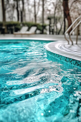 A close-up of a clear, blue pool on a cloudy day