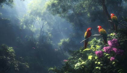 Macaw parrots in a jungle with a magical light